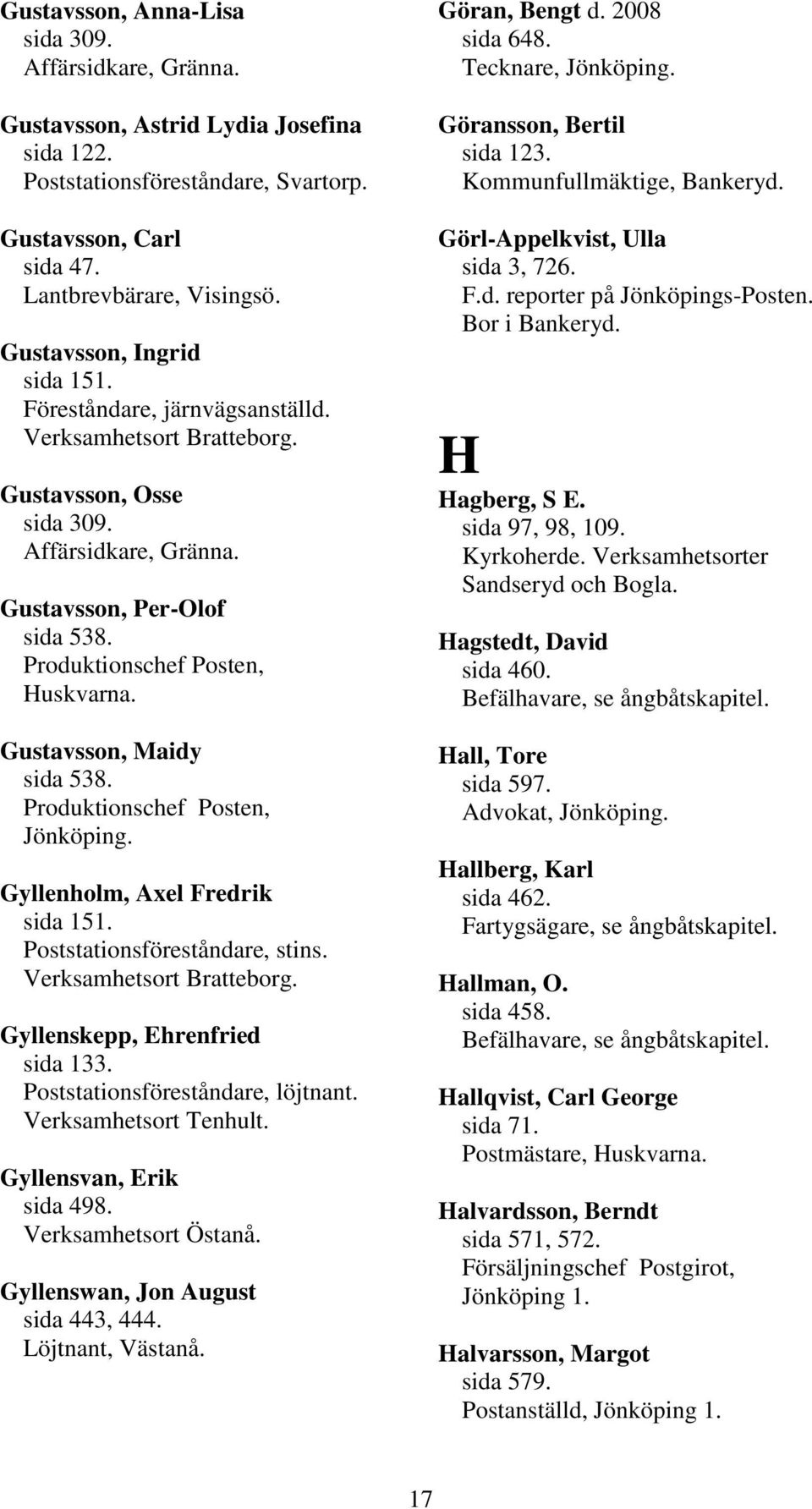 Produktionschef Posten, Gyllenholm, Axel Fredrik sida 151. stins. Verksamhetsort Bratteborg. Gyllenskepp, Ehrenfried sida 133. löjtnant. Verksamhetsort Tenhult. Gyllensvan, Erik sida 498.