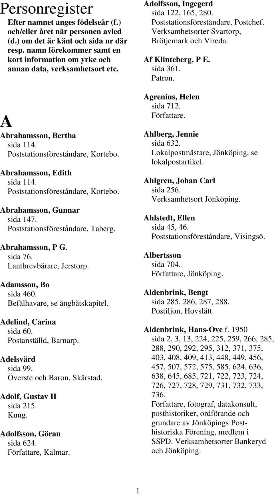 Taberg. Abrahamsson, P G. sida 76. Lantbrevbärare, Jerstorp. Adamsson, Bo sida 460. Adelind, Carina sida 60. Postanställd, Barnarp. Adelsvärd sida 99. Överste och Baron, Skärstad.