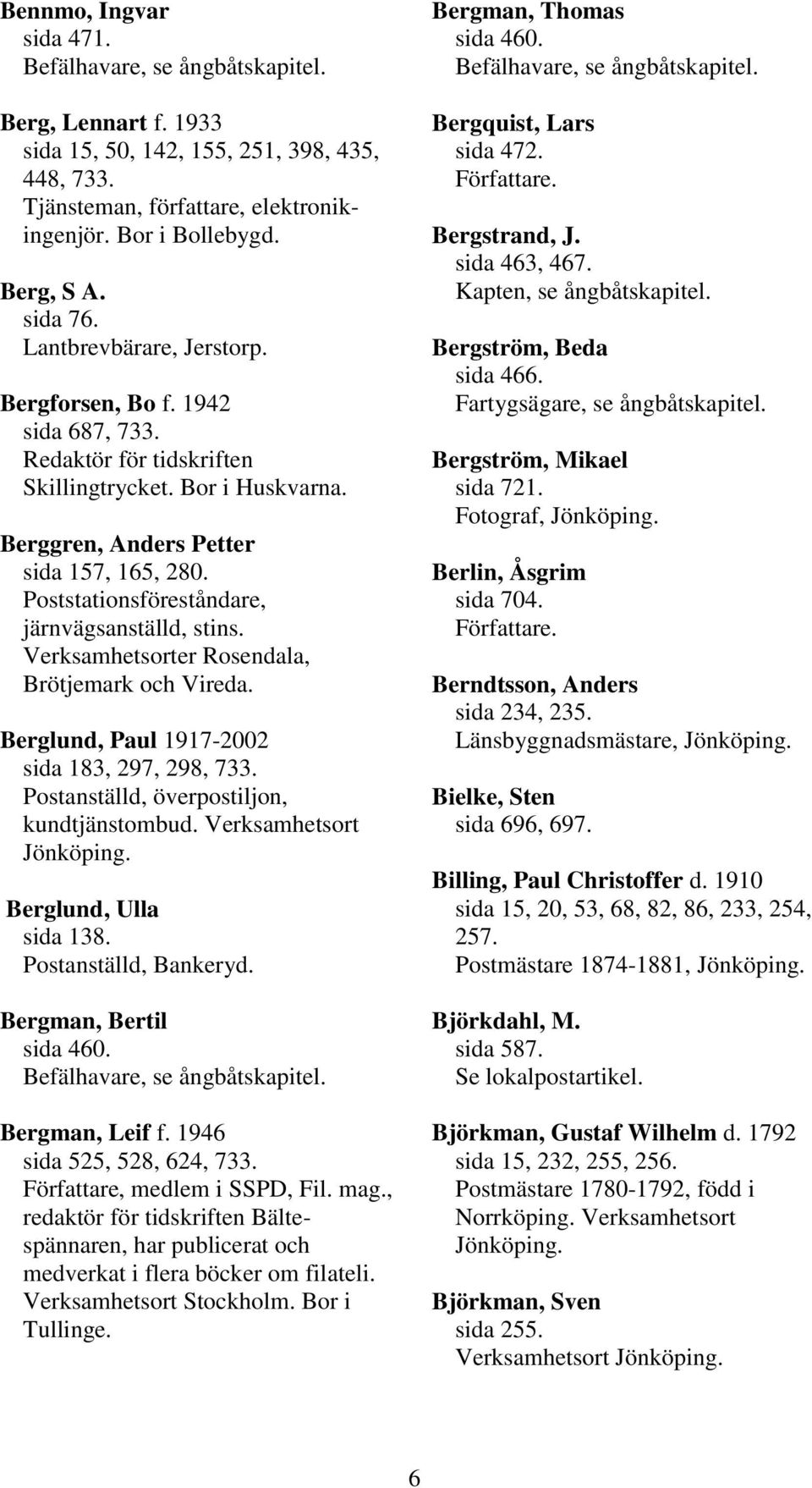 Verksamhetsorter Rosendala, Brötjemark och Vireda. Berglund, Paul 1917-2002 sida 183, 297, 298, 733. Postanställd, överpostiljon, kundtjänstombud. Verksamhetsort Berglund, Ulla sida 138.