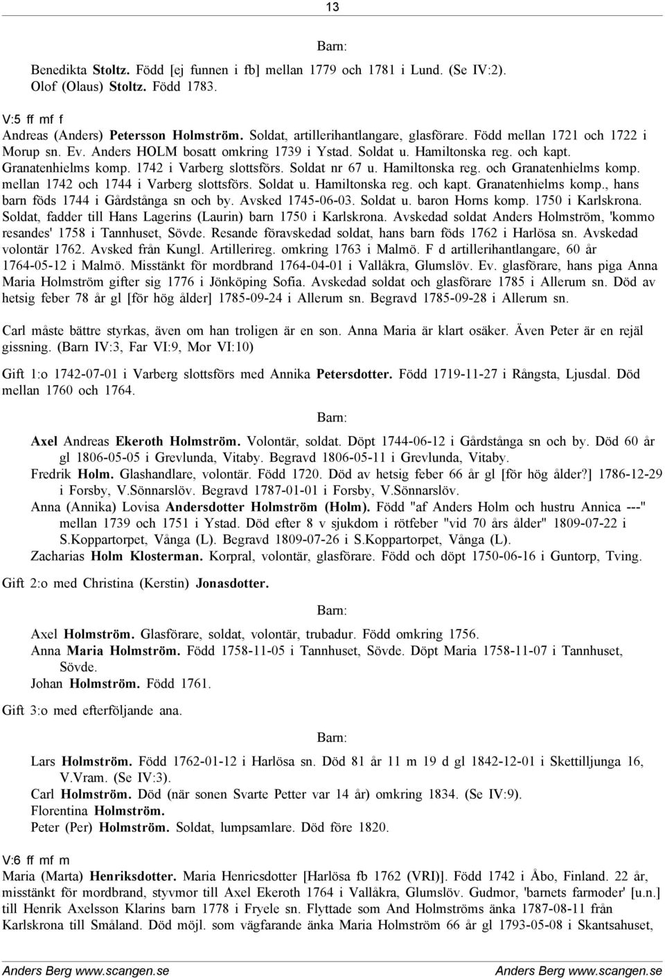 1742 i Varberg slottsförs. Soldat nr 67 u. Hamiltonska reg. och Granatenhielms komp. mellan 1742 och 1744 i Varberg slottsförs. Soldat u. Hamiltonska reg. och kapt. Granatenhielms komp., hans barn föds 1744 i Gårdstånga sn och by.