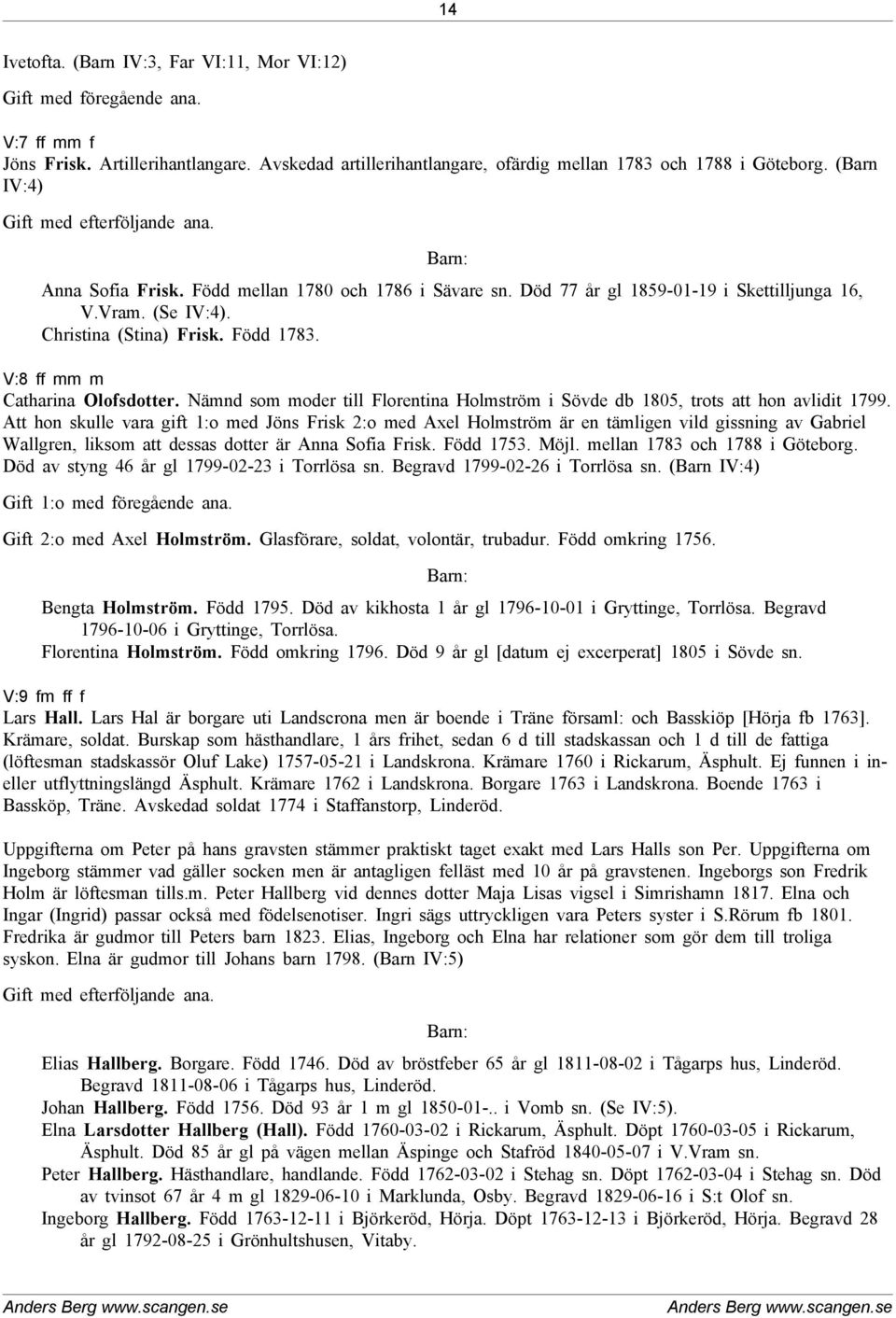 V:8 ff mm m Catharina Olofsdotter. Nämnd som moder till Florentina Holmström i Sövde db 1805, trots att hon avlidit 1799.