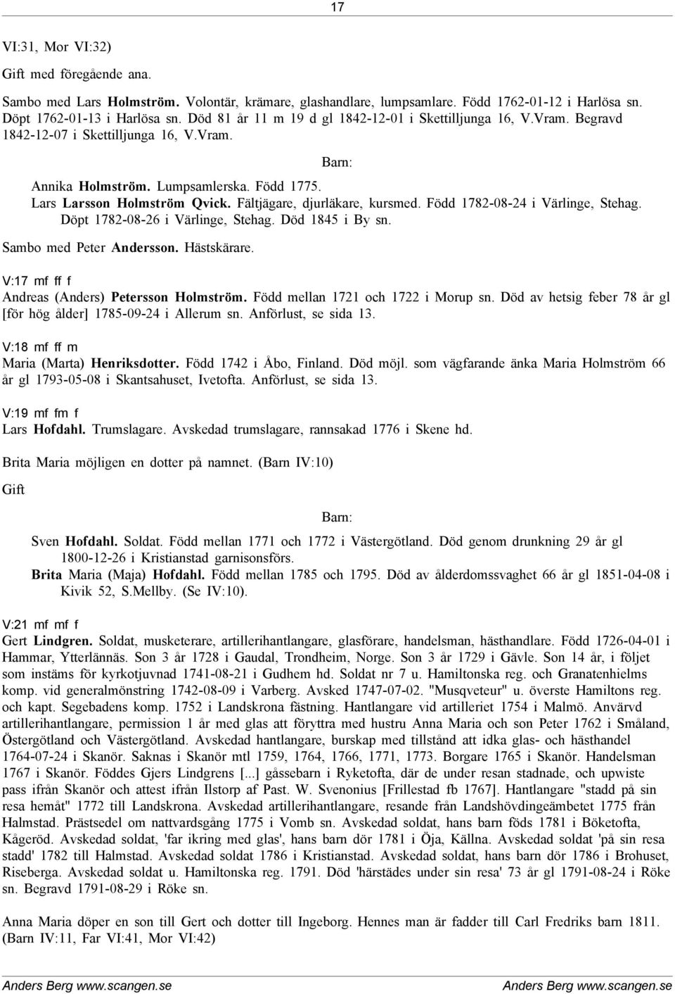 Fältjägare, djurläkare, kursmed. Född 1782-08-24 i Värlinge, Stehag. Döpt 1782-08-26 i Värlinge, Stehag. Död 1845 i By sn. Sambo med Peter Andersson. Hästskärare.
