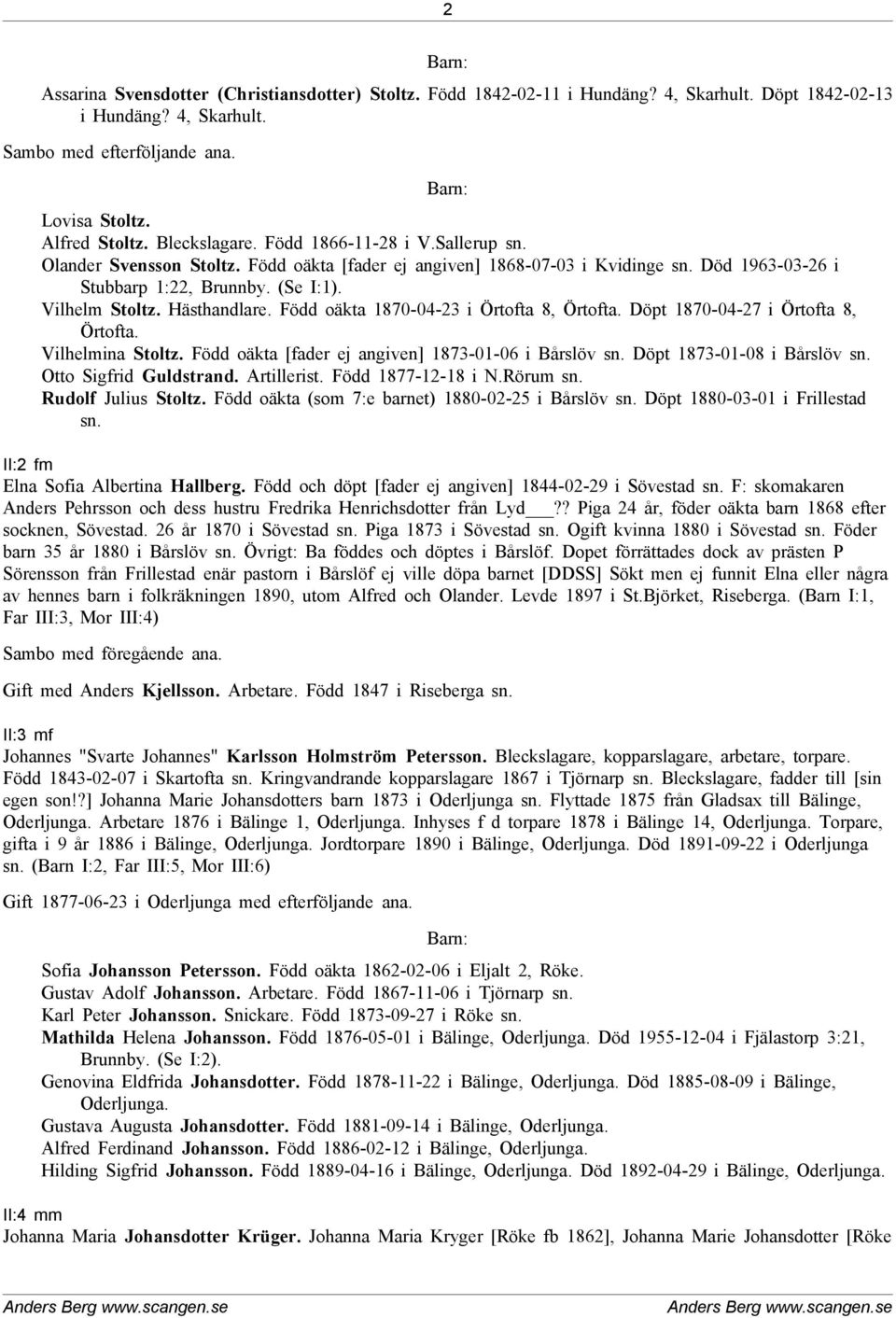 Hästhandlare. Född oäkta 1870-04-23 i Örtofta 8, Örtofta. Döpt 1870-04-27 i Örtofta 8, Örtofta. Vilhelmina Stoltz. Född oäkta [fader ej angiven] 1873-01-06 i Bårslöv sn. Döpt 1873-01-08 i Bårslöv sn.