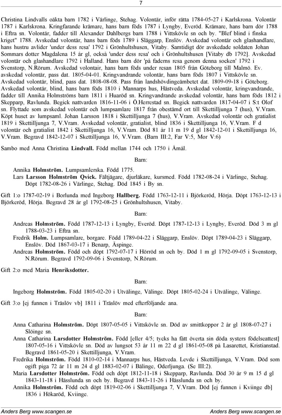 Avskedad volontär, hans barn föds 1789 i Släggarp, Enslöv. Avskedad volontär och glashandlare, hans hustru avlider 'under dess resa' 1792 i Grönhultshusen, Vitaby.