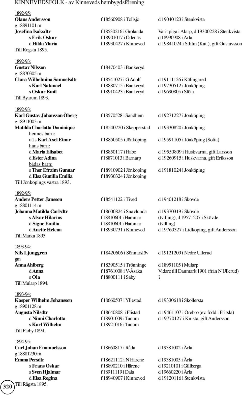 1892-93: Gustav Nilsson f 18470403 i Bankeryd g 18870305 m Clara Wilhelmina Samuelsdtr f 18541027 i G Adolf d 19111126 i Kölingared s Karl Natanael f 18880715 i Bankeryd d 19730512 i Jönköping s