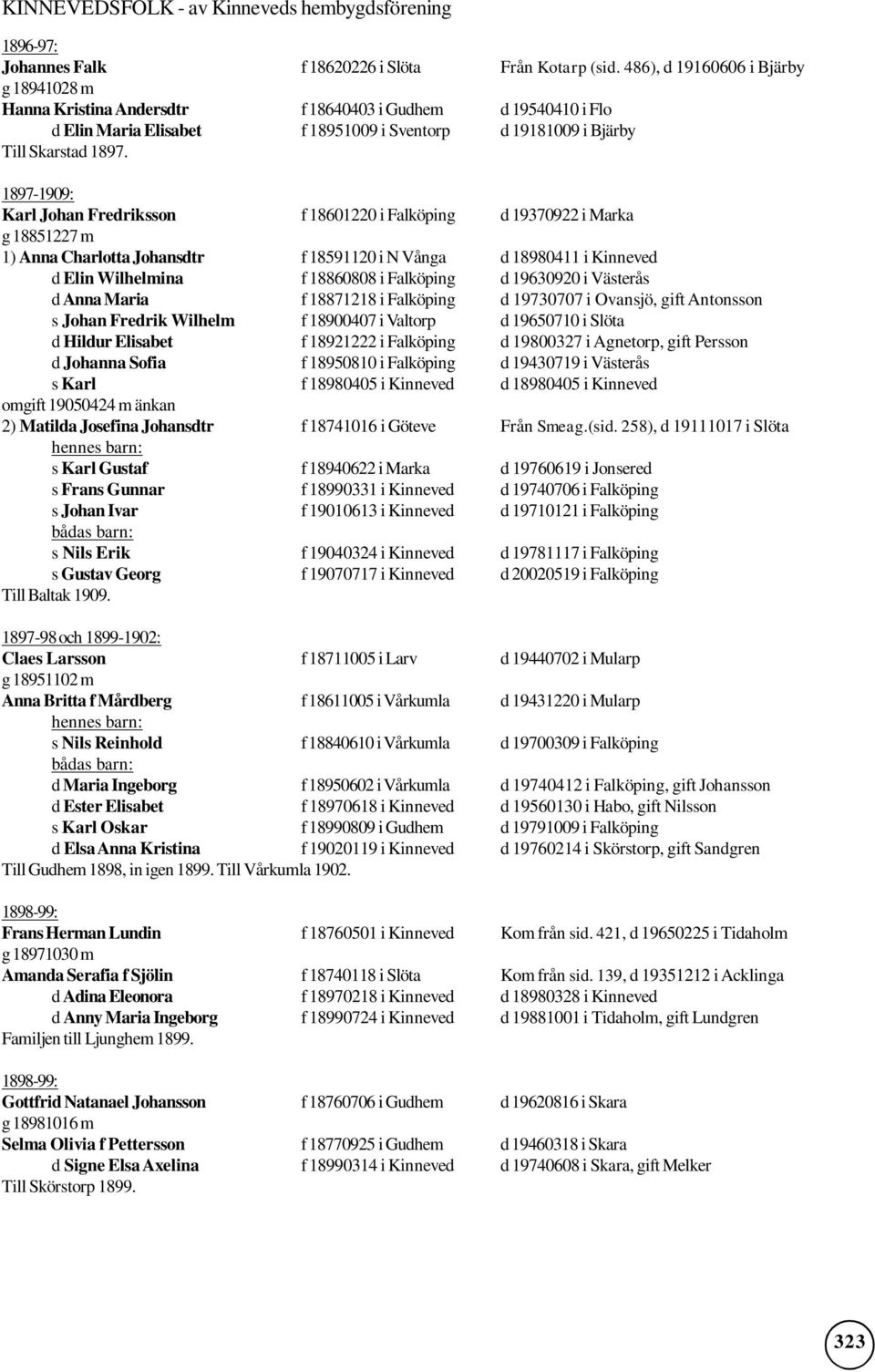 1897-1909: Karl Johan Fredriksson f 18601220 i Falköping d 19370922 i Marka g 18851227 m 1) Anna Charlotta Johansdtr f 18591120 i N Vånga d 18980411 i Kinneved d Elin Wilhelmina f 18860808 i