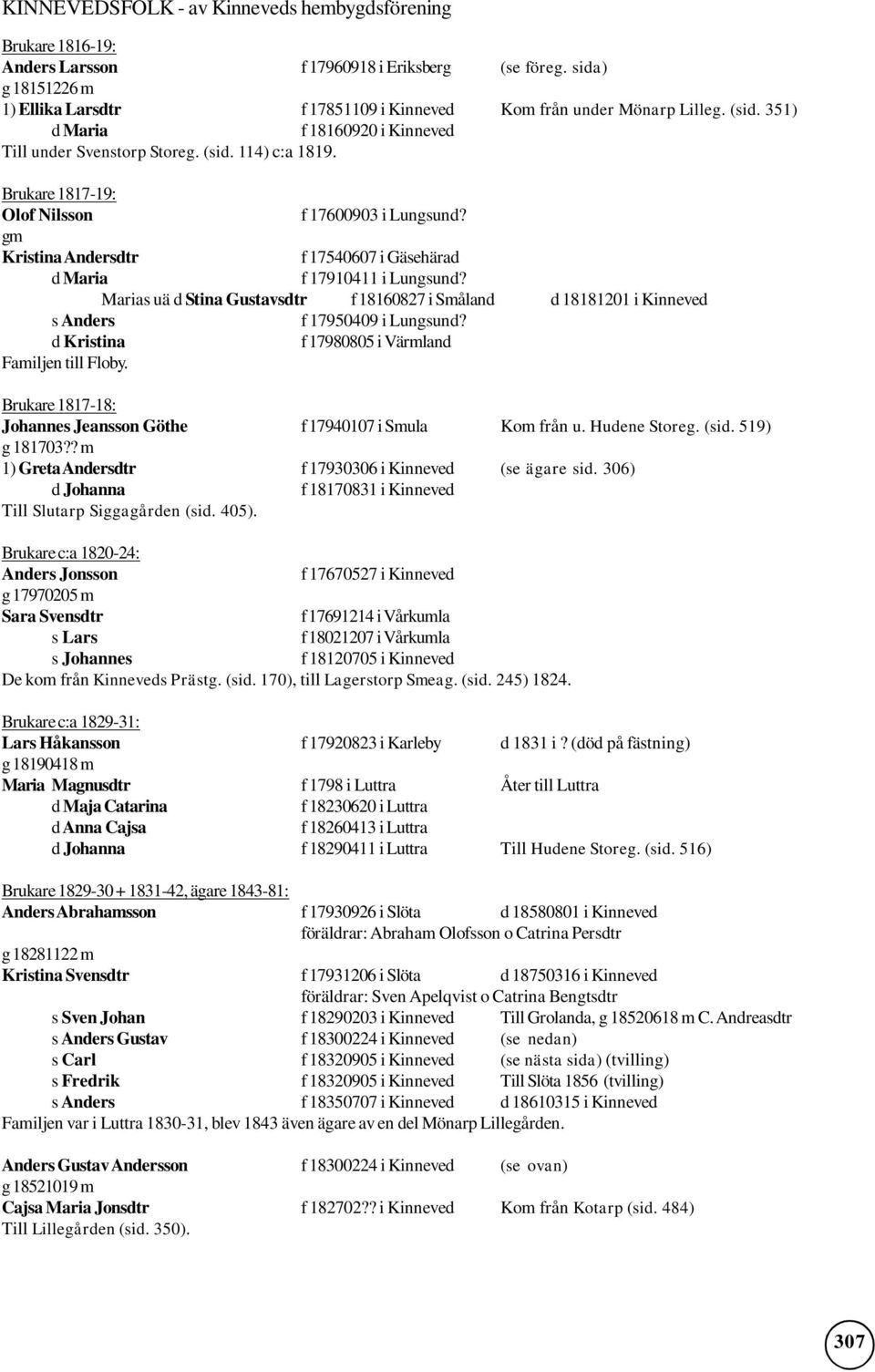 gm Kristina Andersdtr f 17540607 i Gäsehärad d Maria f 17910411 i Lungsund? Marias uä d Stina Gustavsdtr f 18160827 i Småland d 18181201 i Kinneved s Anders f 17950409 i Lungsund?