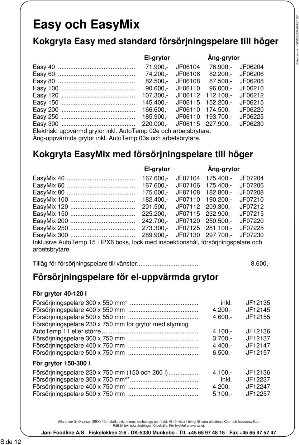 500,- JF06220 Easy 250... 185.900,- JF06110 193.700,- JF06225 Easy 300... 220.000,- JF06115 227.900,- JF06230 Elektriskt uppvärmd grytor inkl. AutoTemp 02e och arbetsbrytare.