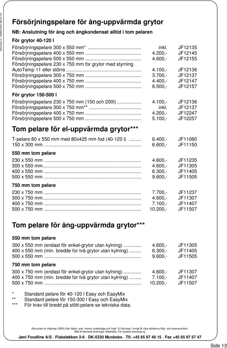 .. 3.700,- JF12137 Försörjningspelare 400 x 750 mm... 4.400,- JF12147 Försörjningspelare 500 x 750 mm... 6.500,- JF12157 För grytor 150-500 l Försörjningspelare 230 x 750 mm (150 och 200l)... 4.100,- JF12136 Försörjningspelare 300 x 750 mm**.