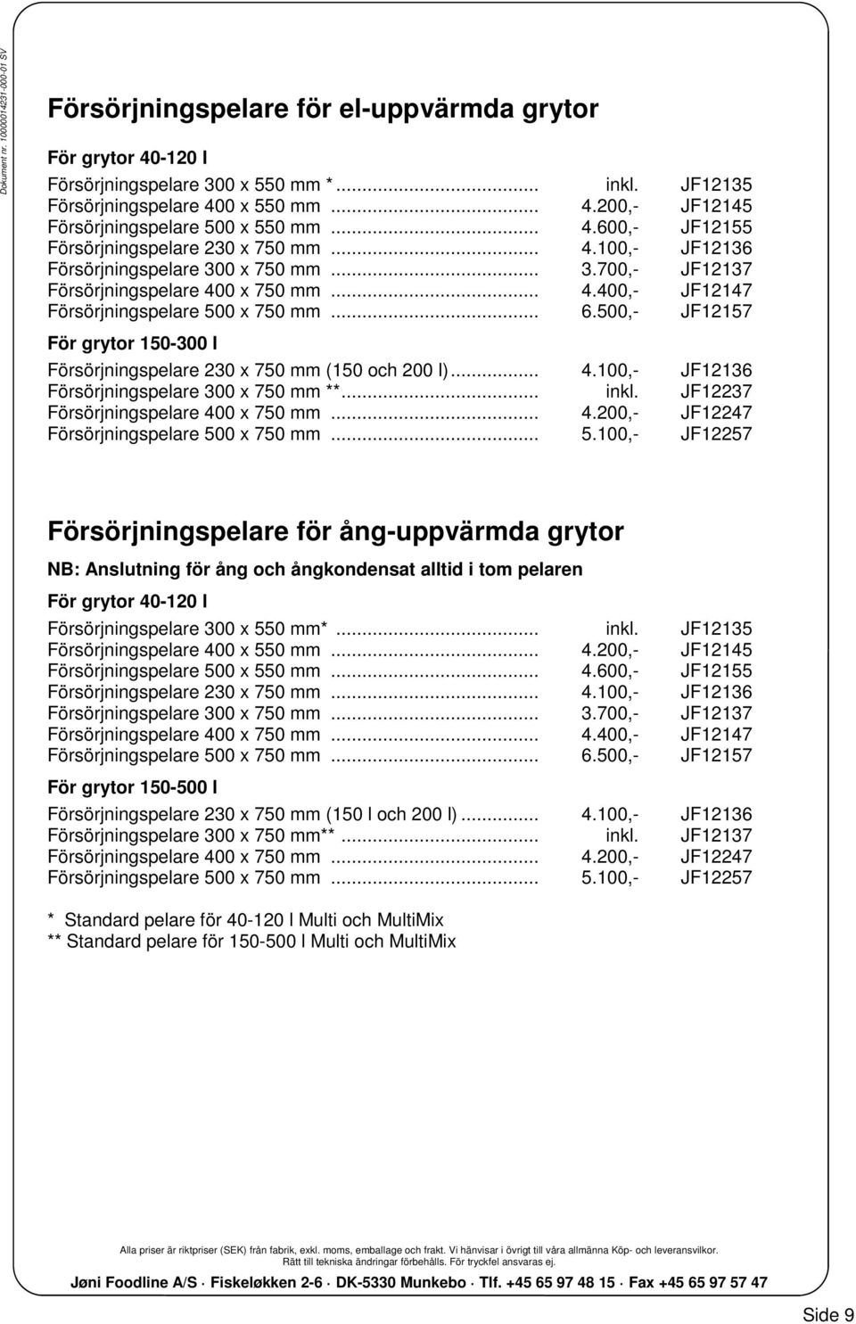 .. 6.500,- JF12157 För grytor 150-300 l Försörjningspelare 230 x 750 mm (150 och 200 l)... 4.100,- JF12136 Försörjningspelare 300 x 750 mm **... inkl. JF12237 Försörjningspelare 400 x 750 mm... 4.200,- JF12247 Försörjningspelare 500 x 750 mm.