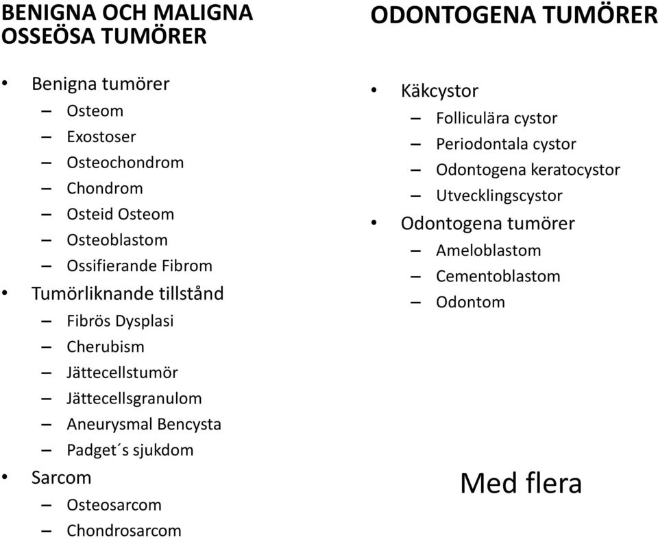 Jättecellsgranulom Aneurysmal Bencysta Padget s sjukdom Sarcom Osteosarcom Chondrosarcom ODONTOGENA TUMÖRER