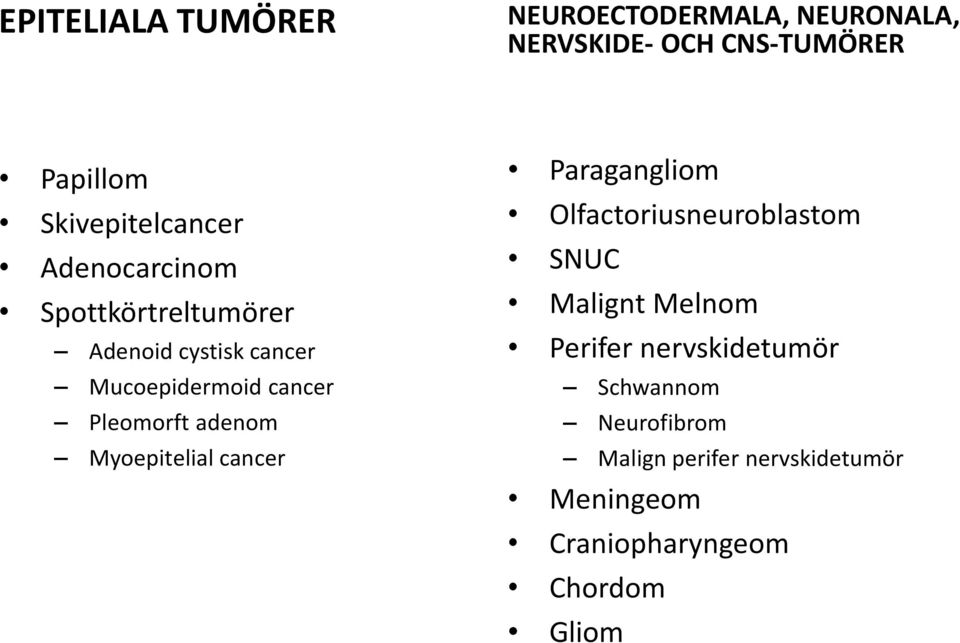 Pleomorft adenom Myoepitelial cancer Paragangliom Olfactoriusneuroblastom SNUC Malignt Melnom