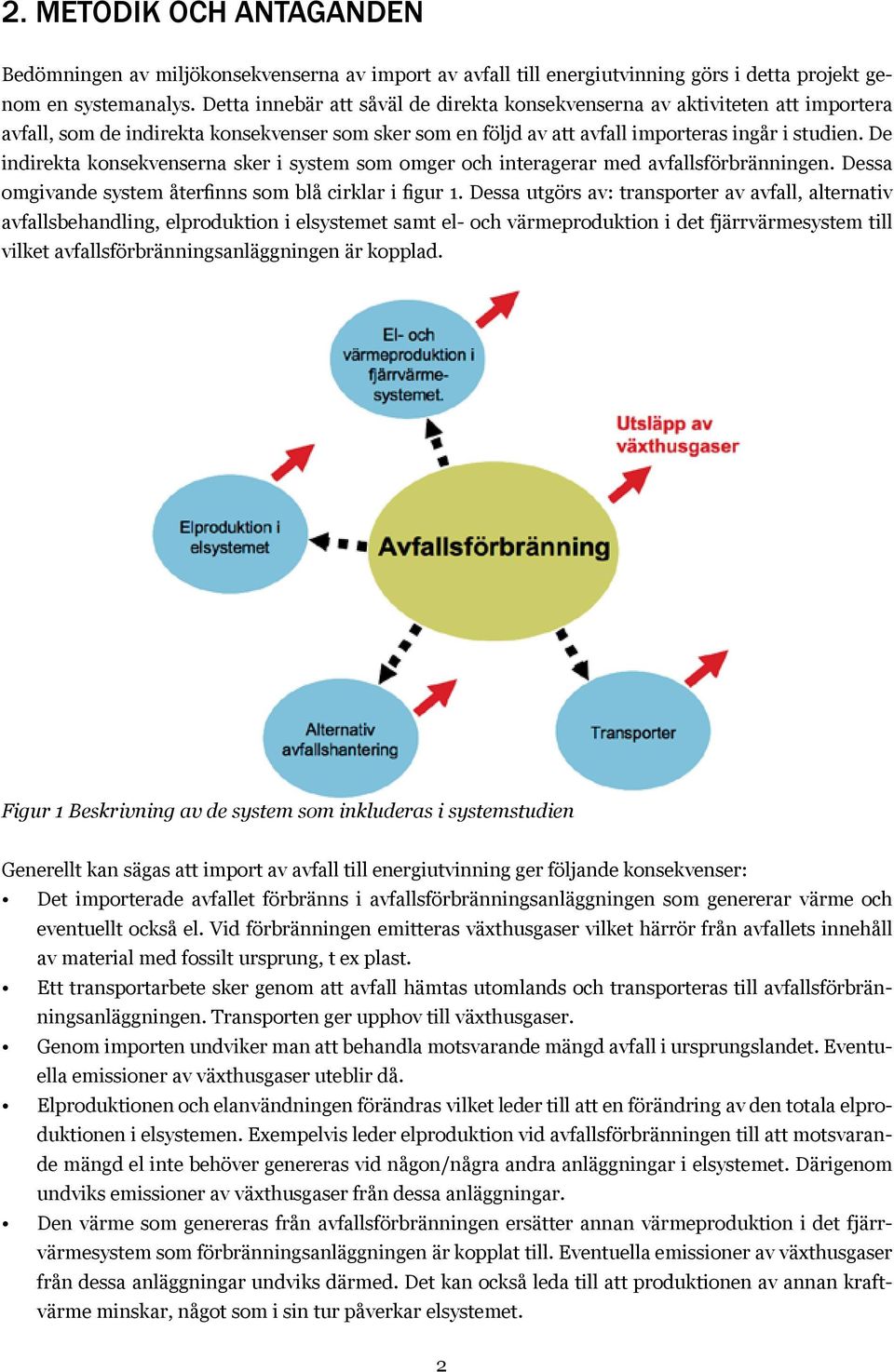 De indirekta konsekvenserna sker i system som omger och interagerar med avfallsförbränningen. Dessa omgivande system återfinns som blå cirklar i figur 1.