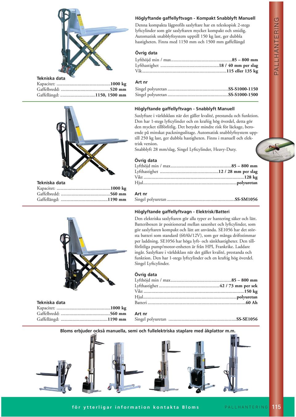 Automatisk snabblyftsystem upptill 150 kg last, ger dubbla hastigheten. Finns med 1150 mm och 1500 mm gaffellängd Övrig data Lyfthöjd min / max...85 800 mm Lyfthastighet...18 / 40 mm per slag Vik.