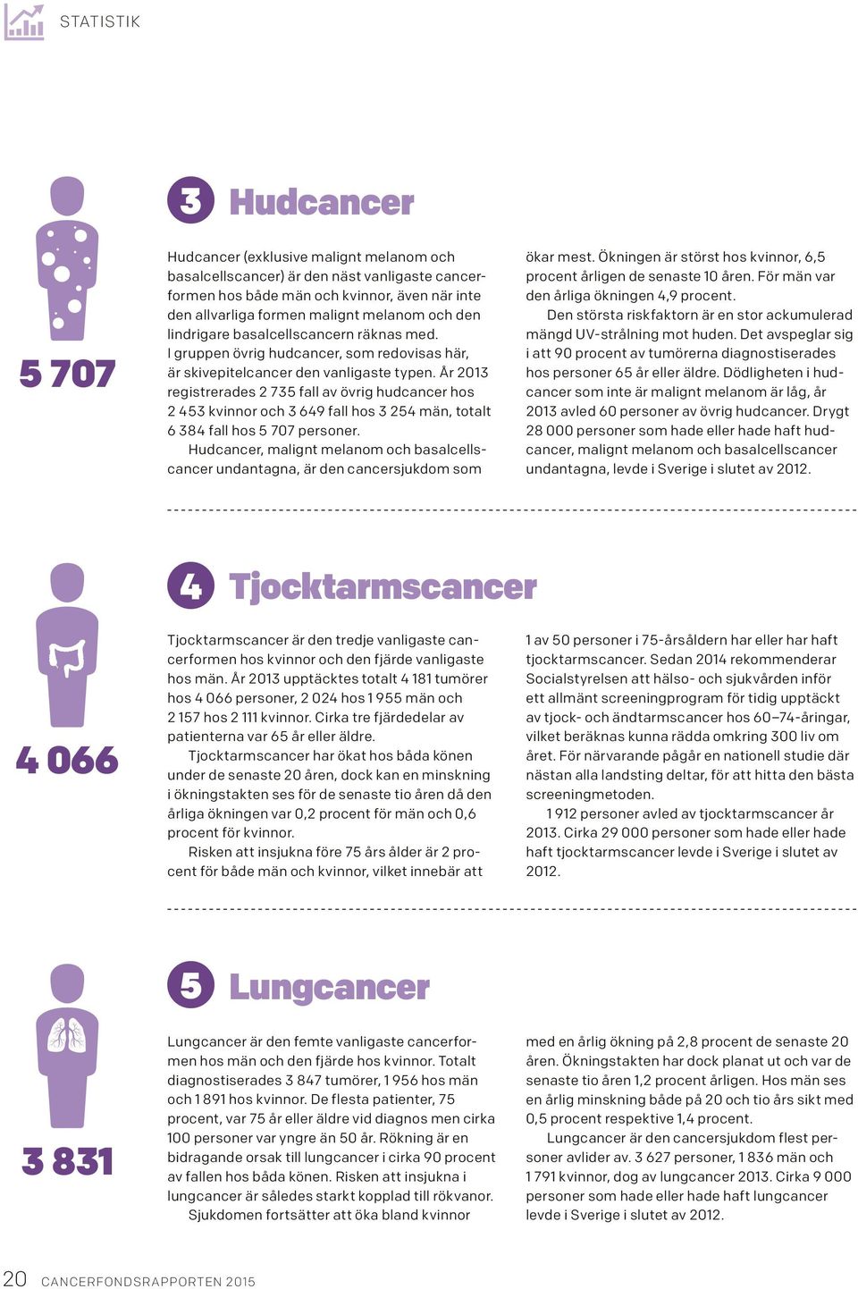 År 2013 registrerades 2 735 fall av övrig hudcancer hos 2 453 kvinnor och 3 649 fall hos 3 254 män, totalt 6 384 fall hos 5 707 personer.