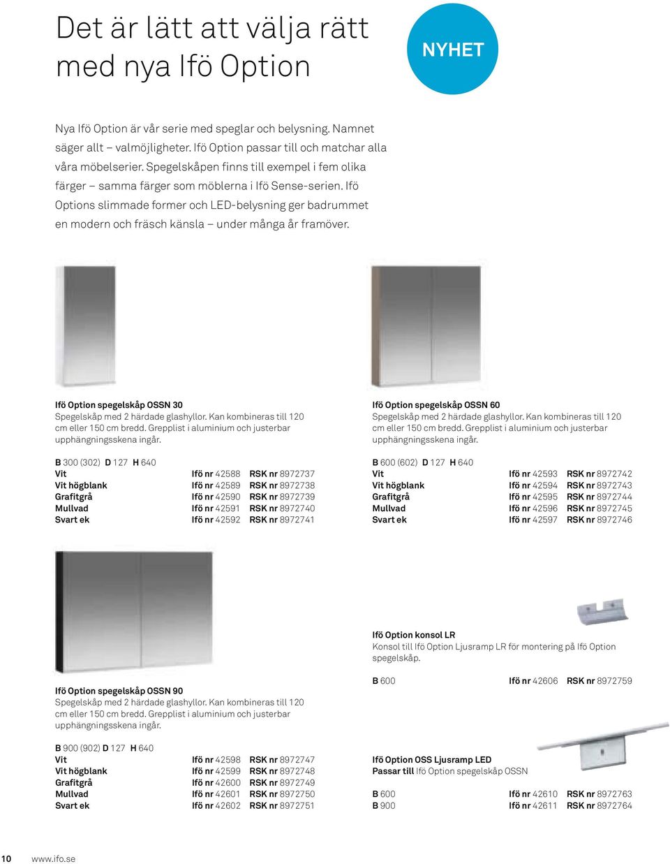 Ifö Options slimmade former och LED-belysning ger badrummet en modern och fräsch känsla under många år framöver. Ifö Option spegelskåp OSSN 30 Spegelskåp med 2 härdade glashyllor.