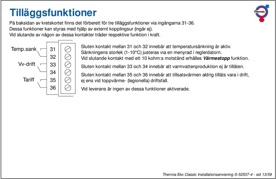 Sänkningens storlek (1-10 C) justeras via en menyrad i reglerdatorn. Vid slutande kontakt med ett 10 kohm:s motstånd erhålles Värmestopp funktion.