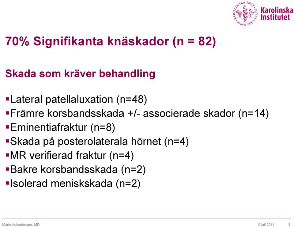 Eminentiafraktur (n=8) Skada på posterolaterala hörnet (n=4) MR verifierad