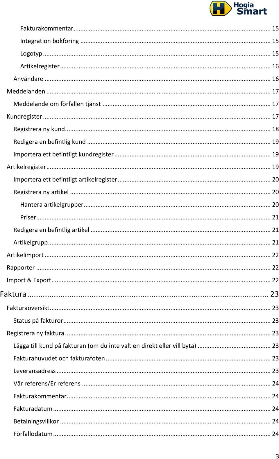 .. 20 Hantera artikelgrupper... 20 Priser... 21 Redigera en befintlig artikel... 21 Artikelgrupp... 21 Artikelimport... 22 Rapporter... 22 Import & Export... 22 Faktura... 23 Fakturaöversikt.