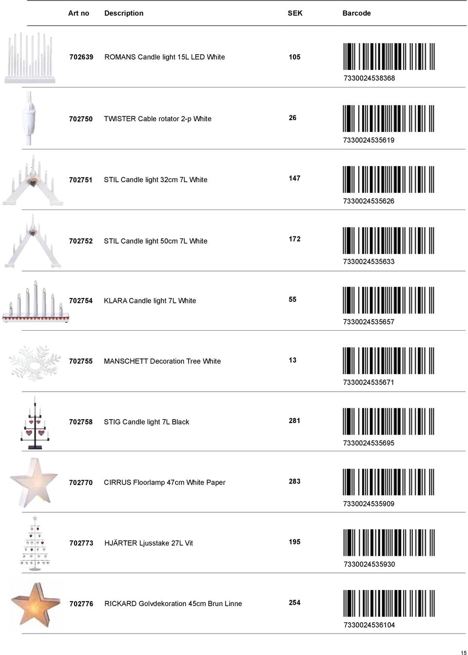 702755 MANSCHETT Decoration Tree White 13 7330024535671 702758 STIG Candle light 7L Black 281 7330024535695 702770 CIRRUS Floorlamp 47cm