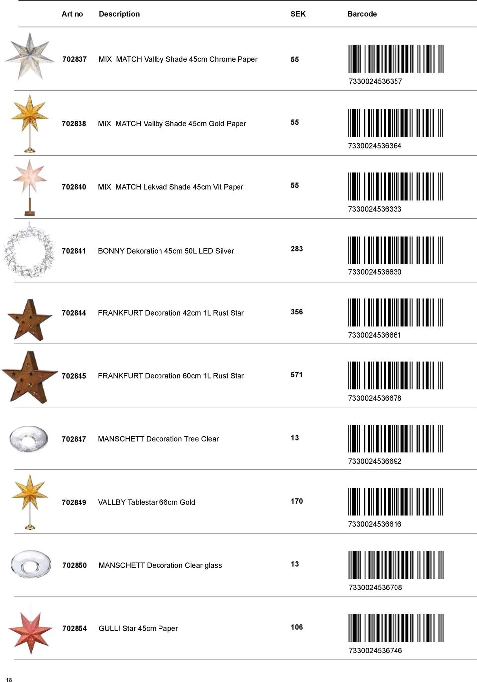 Star 356 7330024536661 702845 FRANKFURT Decoration 60cm 1L Rust Star 571 7330024536678 702847 MANSCHETT Decoration Tree Clear 13 7330024536692