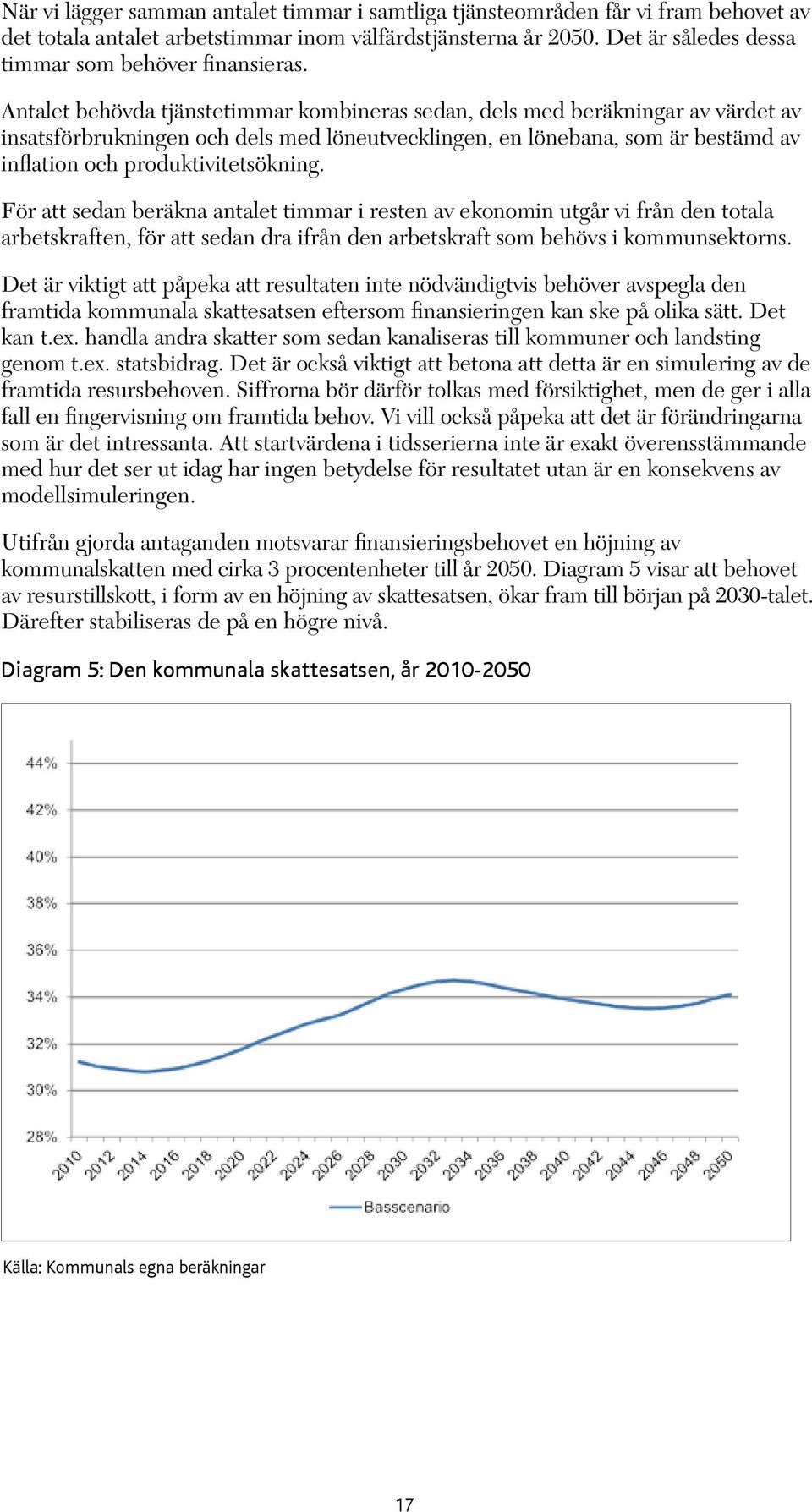 Antalet behövda tjänstetimmar kombineras sedan, dels med beräkningar av värdet av insatsförbrukningen och dels med löneutvecklingen, en lönebana, som är bestämd av inflation och produktivitetsökning.