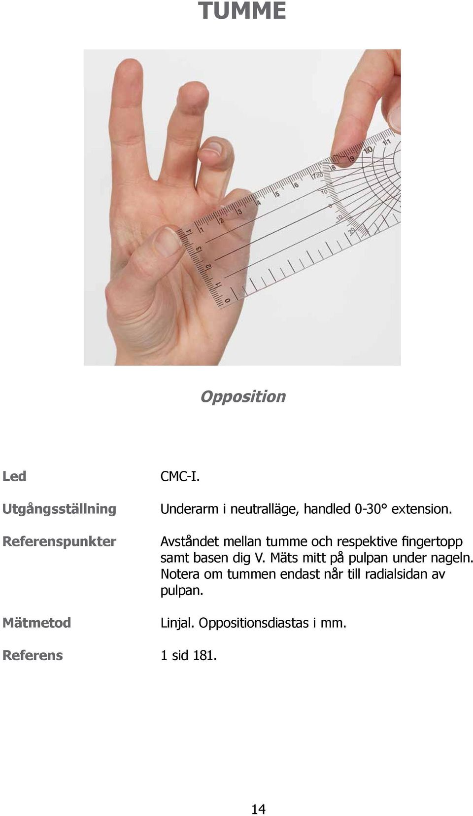 Avståndet mellan tumme och respektive fingertopp samt basen dig V.