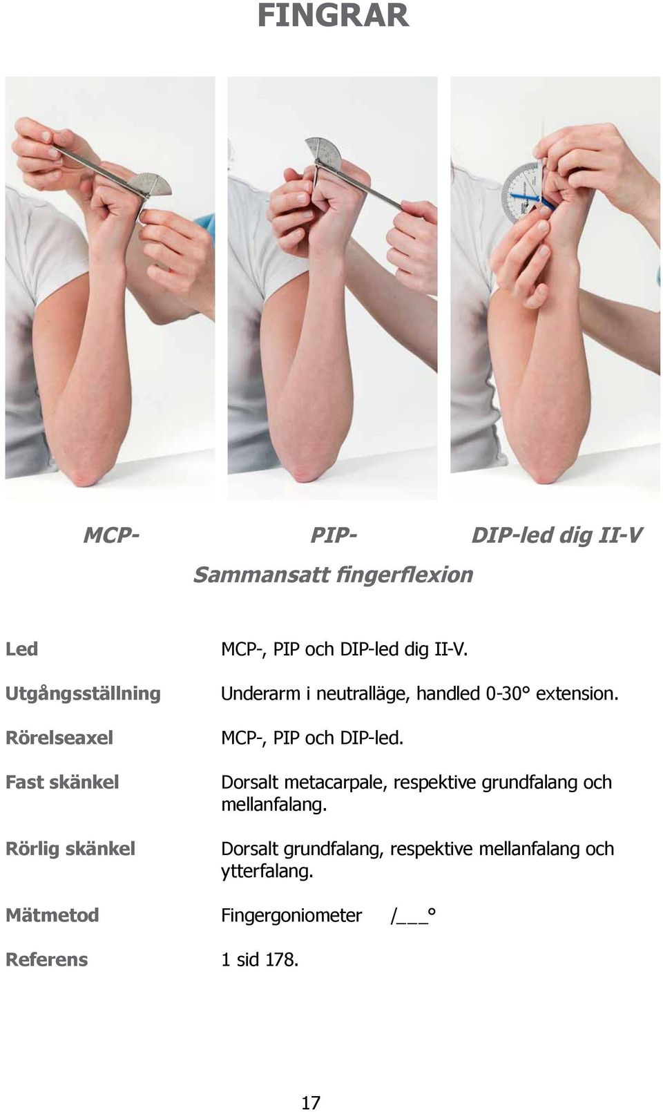 Underarm i neutralläge, handled 0-30 extension. MCP-, PIP och DIP-led.