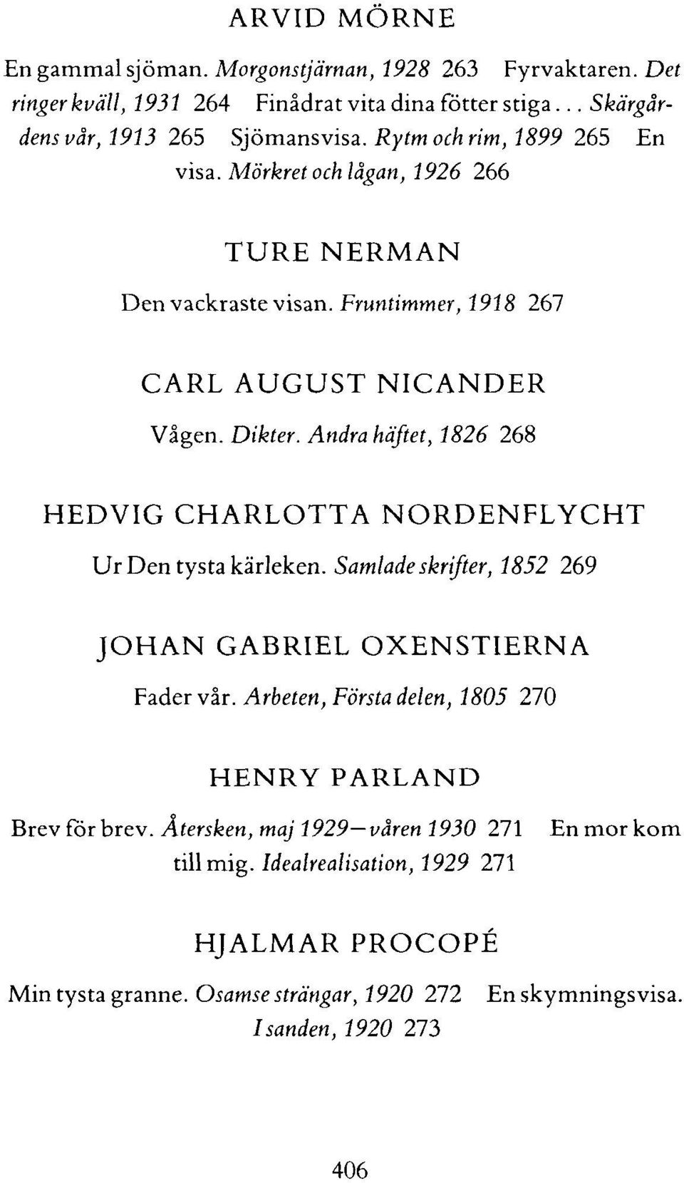Andra häftet, 1826 268 HEDVIG CHARLOTTA NORDENFLYCHT Ur Den tysta kärleken. Samlade skrifter, 1852 269 JOHAN GABRIEL OXENSTIERNA Fader vår.