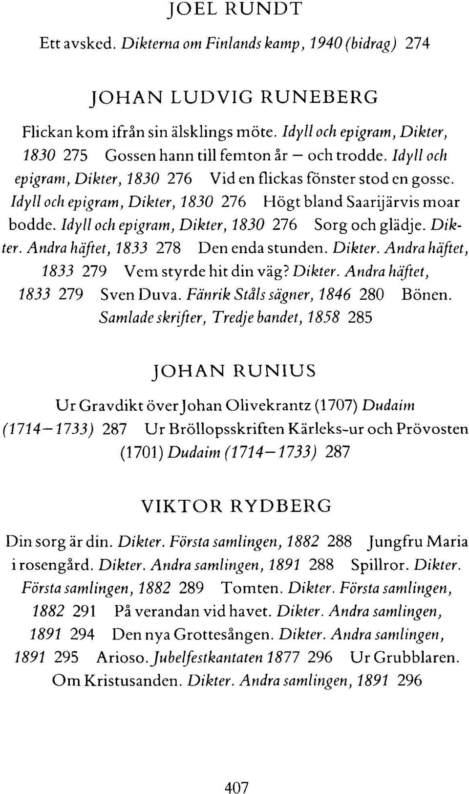 Idyll och epigram, Dikter, 1830 276 Högt bland Saarijärvismoar bodde. Idyll och epigram, Dikter, 1830 276 Sorg och glädje. Dikter. Andra häftet, 1833 278 Den enda stunden. Dikter. Andra häftet, 1833 279 Vem styrde hit din väg?