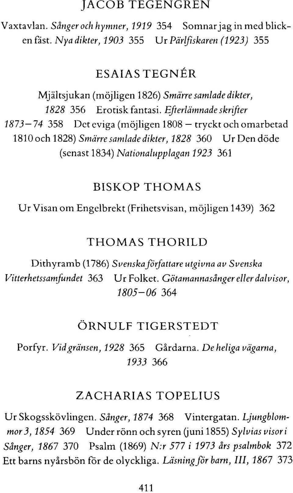 Efterlämnade skrifter 1873-74 358 Det eviga (möjligen 1808 - tryckt och omarbetad 1810och 1828) Smärre samlade dikter, 1828 360 Ur Den döde (senast 1834) Nationalupplagan 1923 361 BISKOP THOMAS Ur