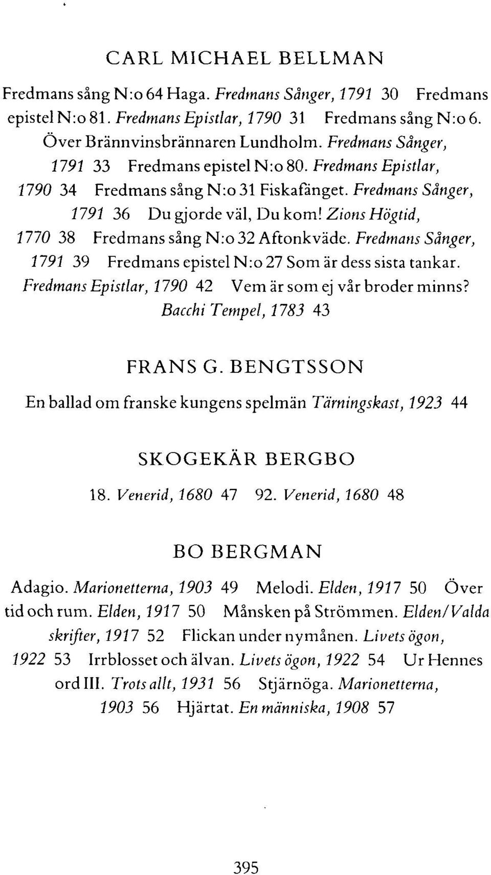 Zions Högtid, 1770 38 Fredmans sång N:o 32 Aftonkväde. Fredmans Sånger, 1791 39 Fredmans epistel N:o 27 Som är dess sista tankar. Fredmans Epistlar, 1790 42 Vem är som ej vår broder minns?