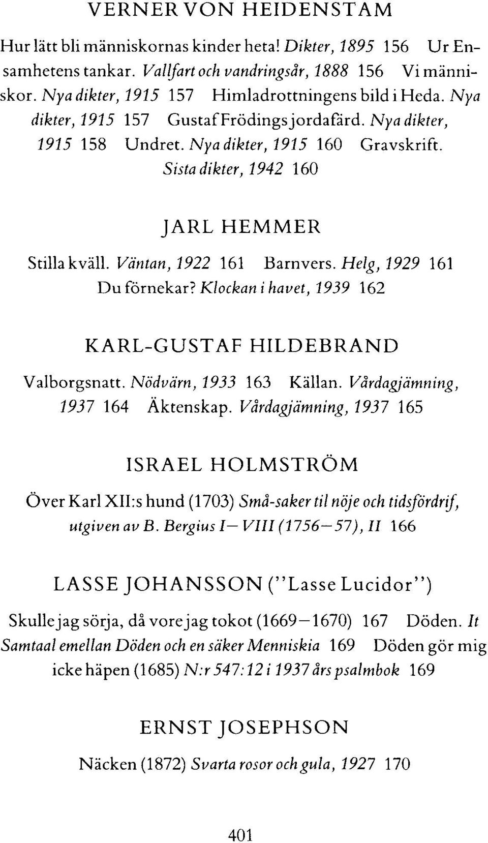 Helg, 1929 161 Du förnekar? Klockan i havet, 1939 162 KARL-GUSTAF HILDEBRAND Valborgsnatt. Nödvärn, 1933 163 Källan. Vårdagjämning, 1937 164 Äktenskap.