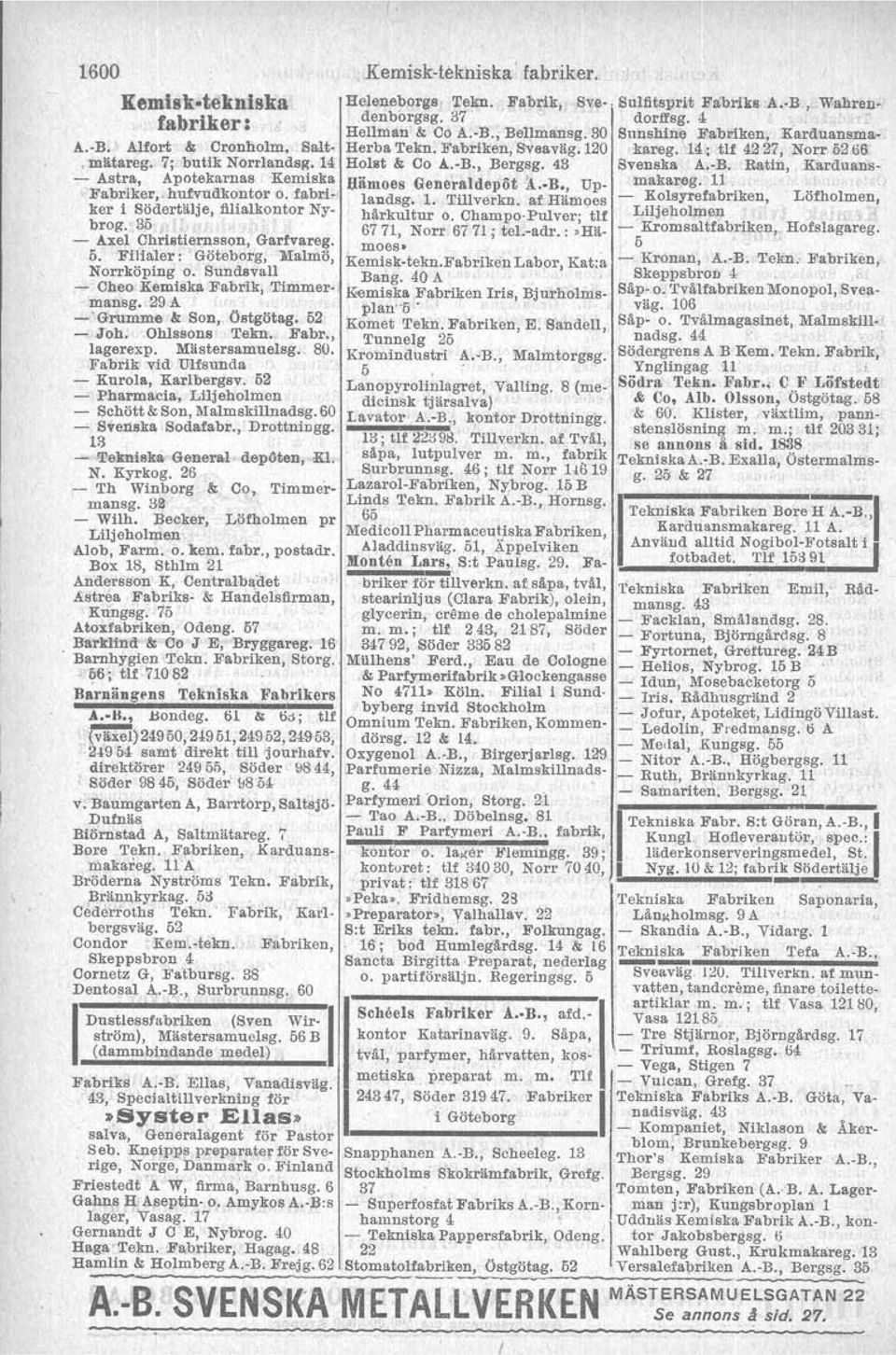 Mästersamuelsg. 80. Fabrik vid Ulfsunda - Kurola, Karibergsv. 52 - Pharmacia, Liljeholmen - Schött & Son, Malmskillnadsg. 60 - Svenska Bodafabr,; Drottningg. 13 - Tekniska General dep<lten, Kl, N.