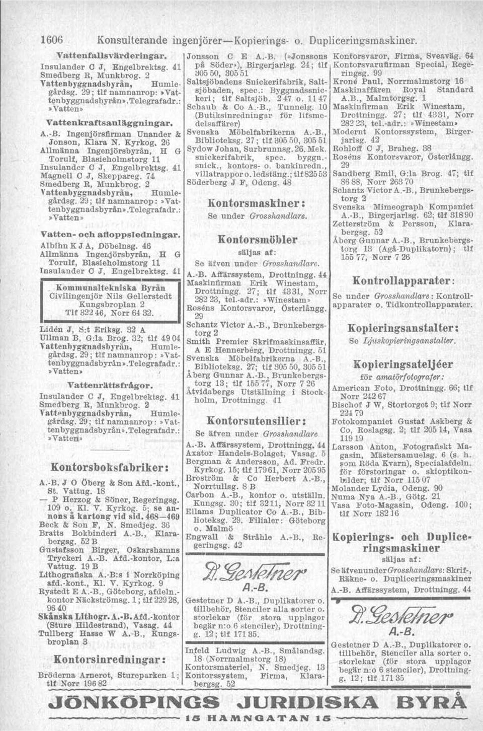 99 Vattenbyggnadsbyrån, Humle- Saltsjöbadens Snickerifabrik, Salt- Krona Paul, Norrmalmstorg 16' gärdsg. 29; tlf namnanrop..vat- sjöbaden, spec.