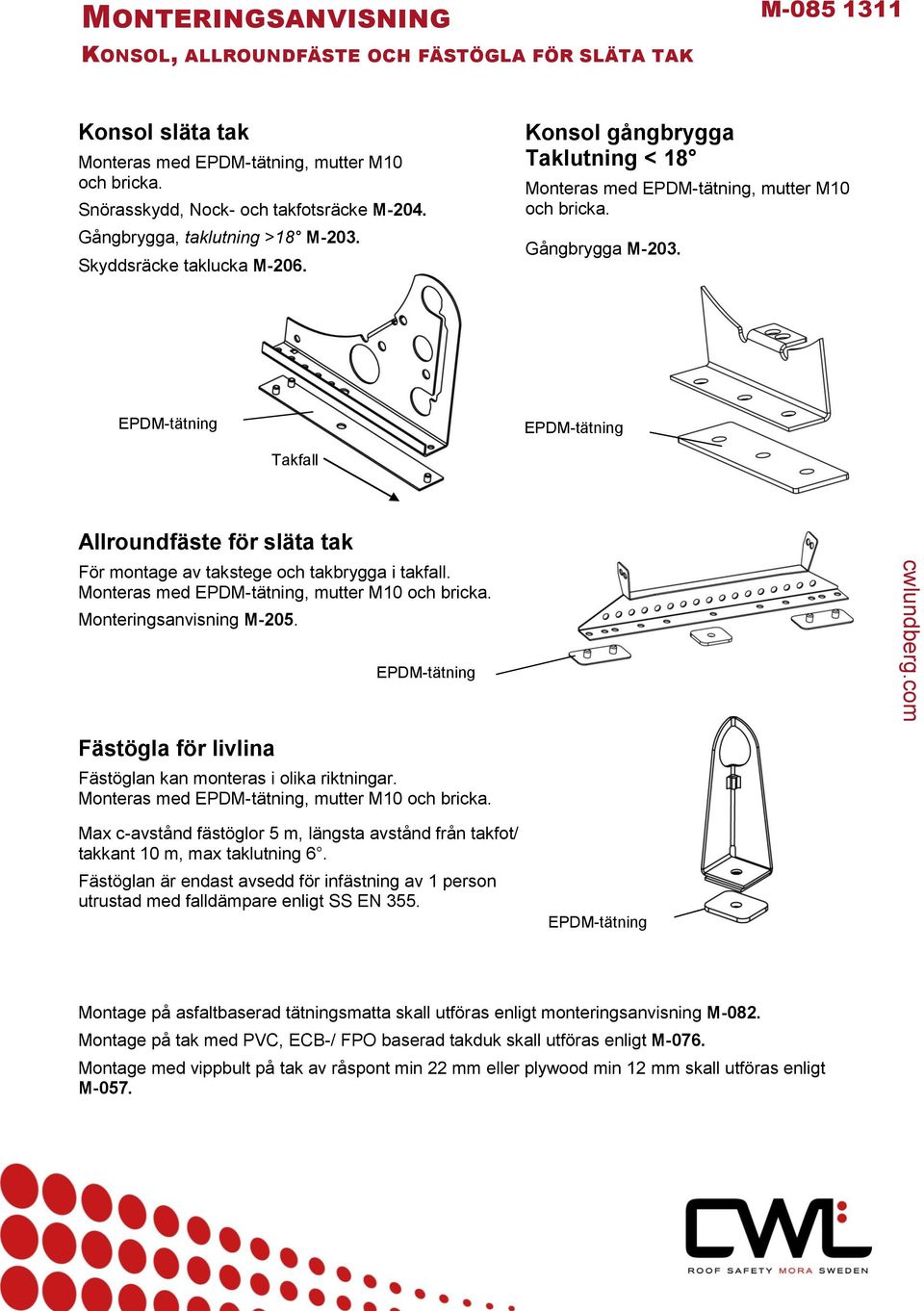 EPDM-tätning EPDM-tätning Takfall Allroundfäste för släta tak För montage av takstege och takbrygga i takfall. Monteras med EPDM-tätning, mutter M10 och bricka. Monteringsanvisning M-205.