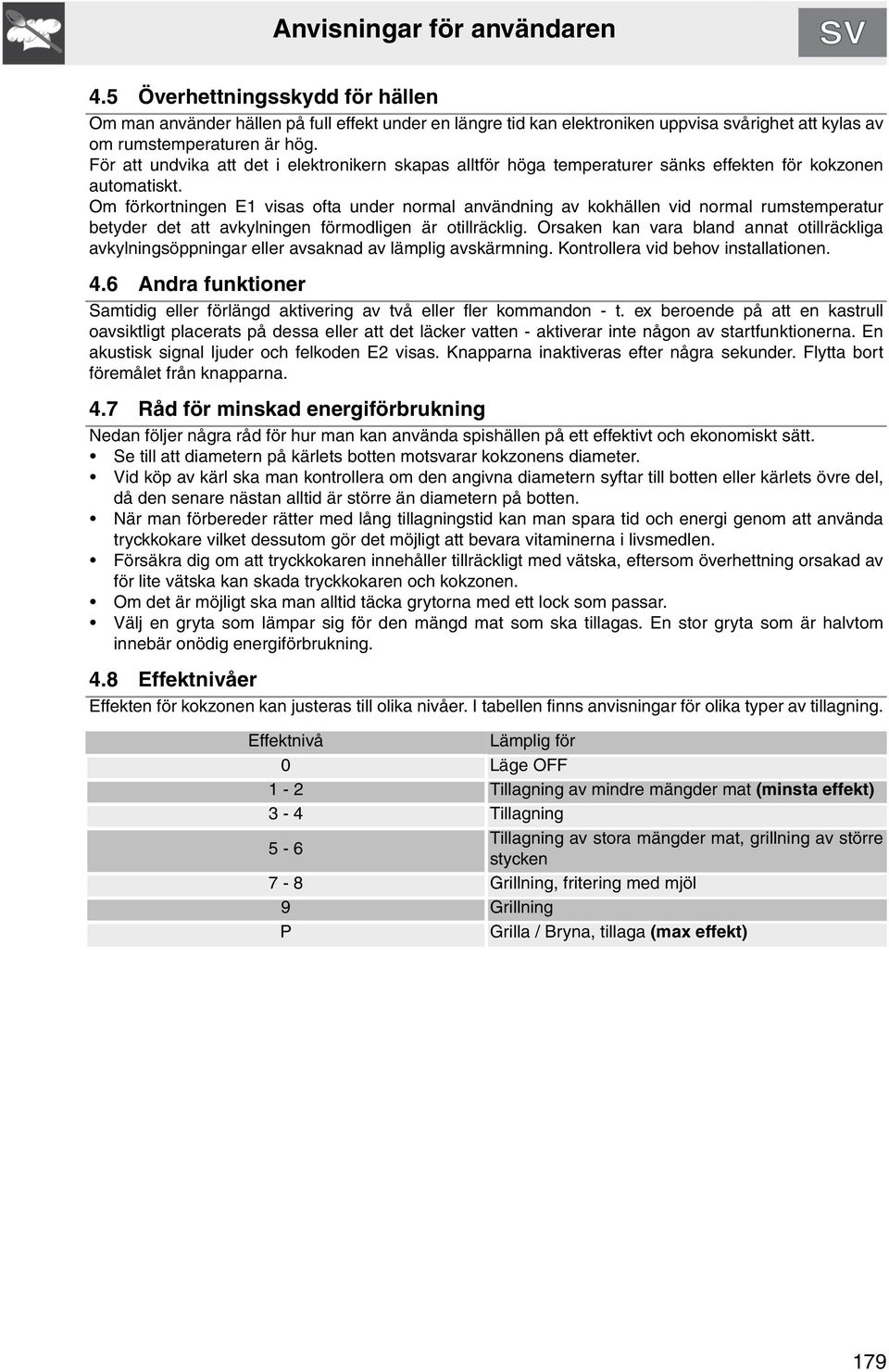 Om förkortningen E1 visas ofta under normal användning av kokhällen vid normal rumstemperatur betyder det att avkylningen förmodligen är otillräcklig.