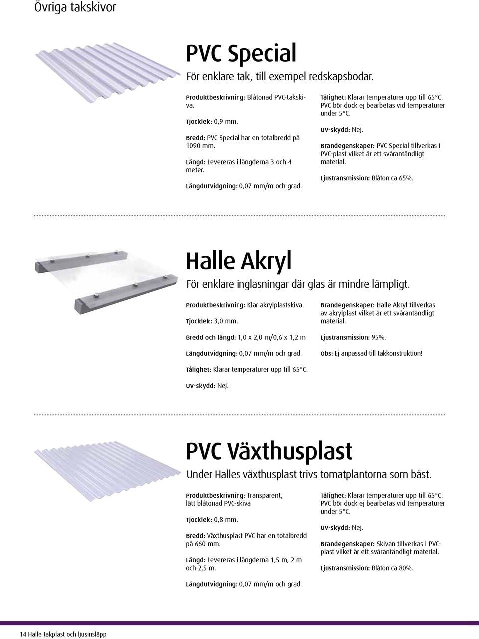 Brandegenskaper: PVC Special tillverkas i PVC-plast vilket är ett svårantändligt material. Ljustransmission: Blåton ca 65%. Halle Akryl För enklare inglasningar där glas är mindre lämpligt.