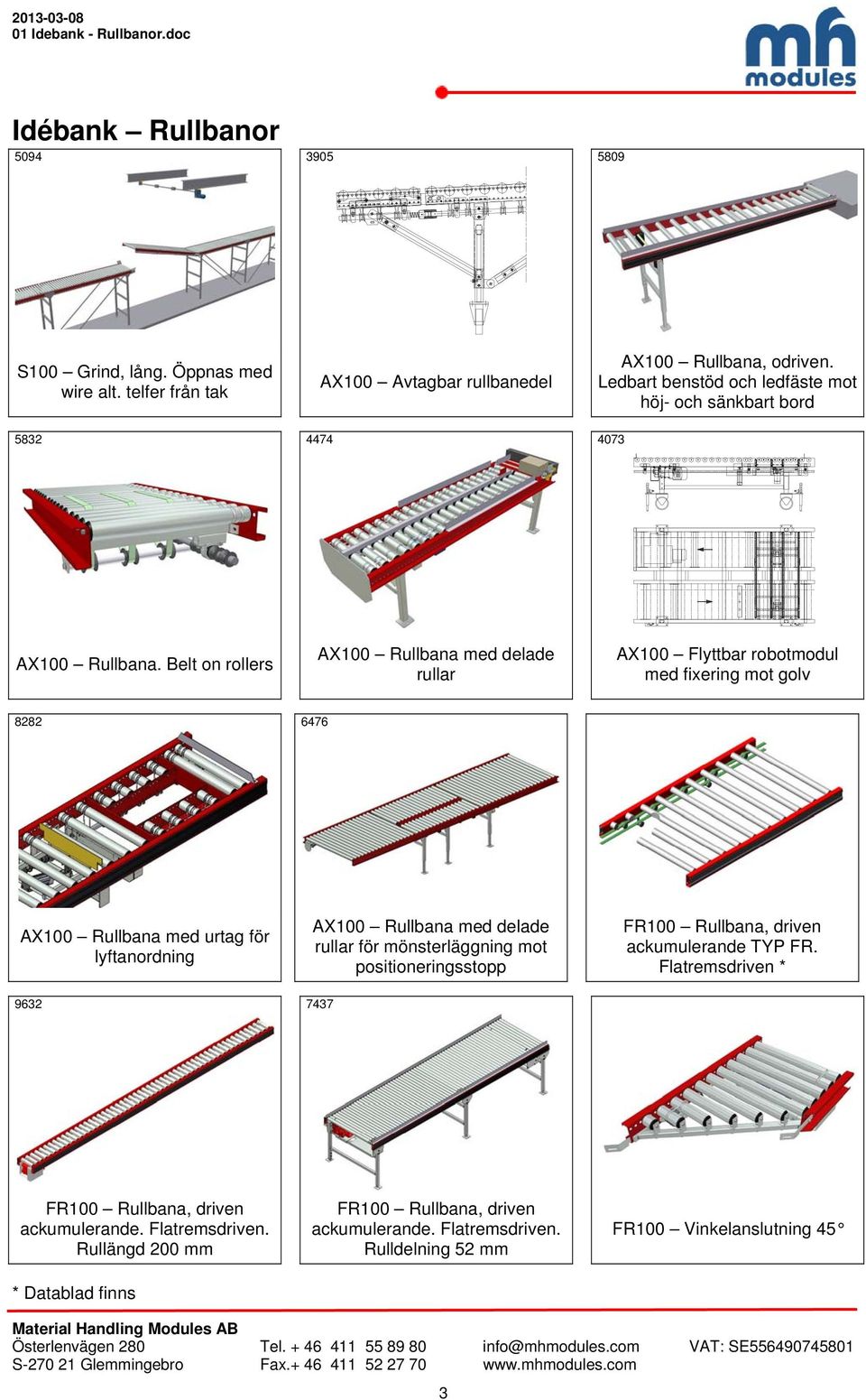 Belt on rollers AX100 Rullbana med delade rullar AX100 Flyttbar robotmodul med fixering mot golv 8282 6476 AX100 Rullbana med urtag för lyftanordning AX100 Rullbana med