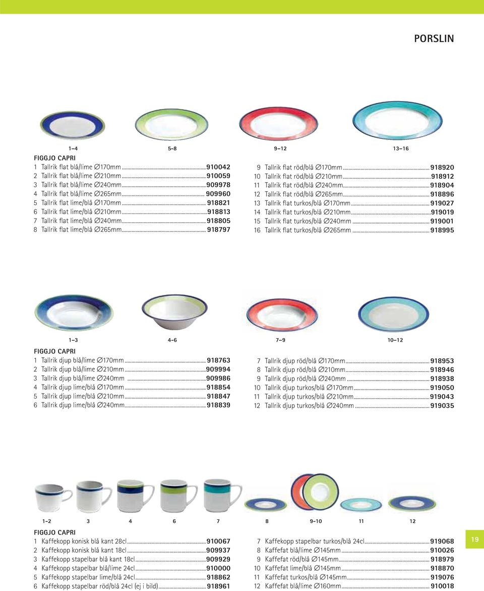 ..918920 10 Tallrik flat röd/blå 210mm...918912 11 Tallrik flat röd/blå 240mm...918904 12 Tallrik flat röd/blå 265mm...918896 13 Tallrik flat turkos/blå 170mm...919027 14 Tallrik flat turkos/blå 210mm.