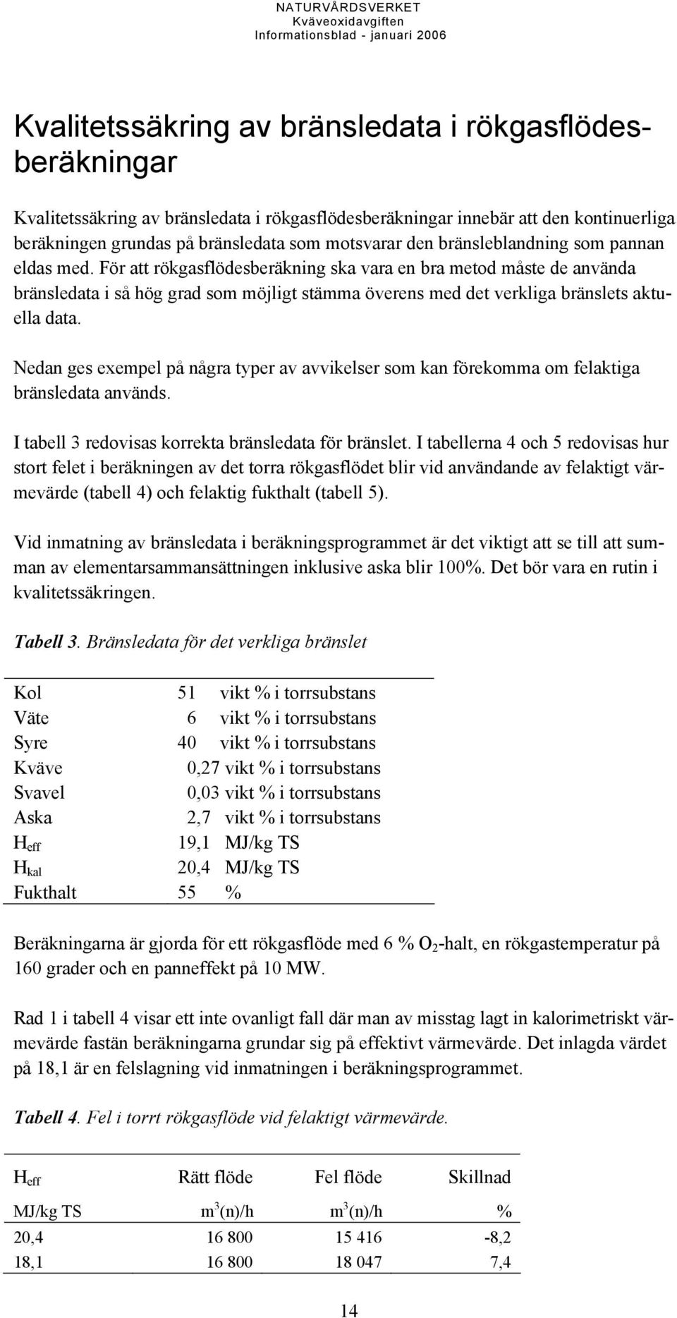 För att rökgasflödesberäkning ska vara en bra metod måste de använda bränsledata i så hög grad som möjligt stämma överens med det verkliga bränslets aktuella data.