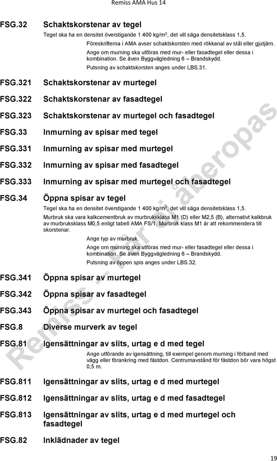 Putsning av schaktskorsten anges under LBS.31. Schaktskorstenar av murtegel FSG.322 FSG.323 FSG.33 FSG.331 FSG.332 FSG.333 FSG.34 FSG.341 FSG.342 FSG.343 FSG.8 FSG.81 FSG.