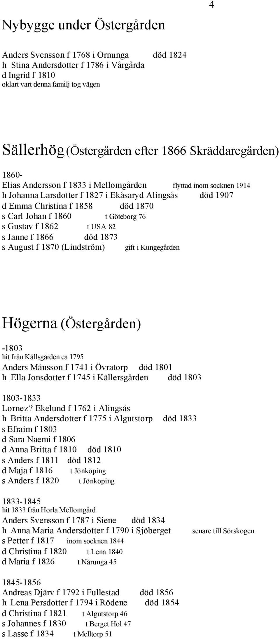 Göteborg 76 s Gustav f 1862 t USA 82 s Janne f 1866 död 1873 s August f 1870 (Lindström) gift i Kungegården Högerna (Östergården) -1803 hit från Källsgården ca 1795 Anders Månsson f 1741 i Övratorp