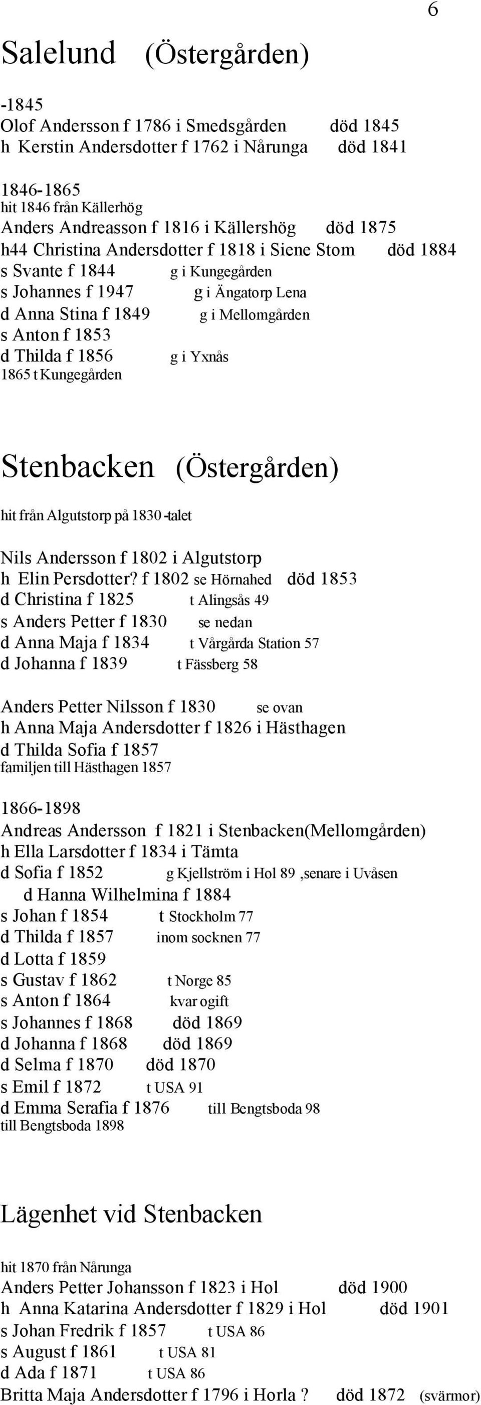 i Yxnås 1865 t Kungegården Stenbacken (Östergården) hit från Algutstorp på 1830-talet Nils Andersson f 1802 i Algutstorp h Elin Persdotter?