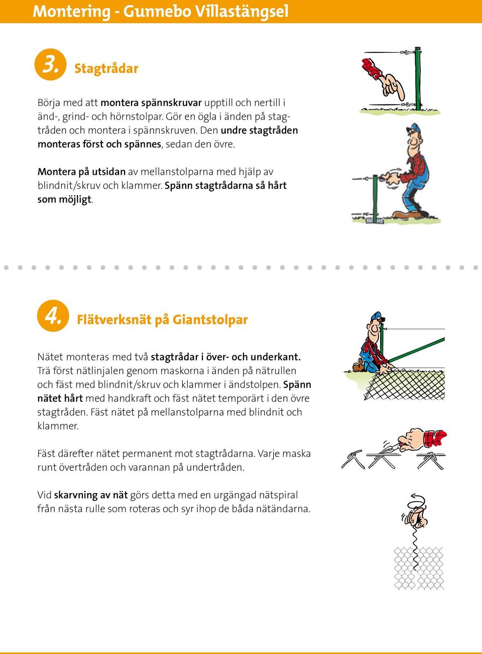 Flätverksnät på Giantstolpar Nätet monteras med två stagtrådar i över- och underkant. Trä först nätlinjalen genom maskorna i änden på nätrullen och fäst med blindnit/skruv och klammer i ändstolpen.