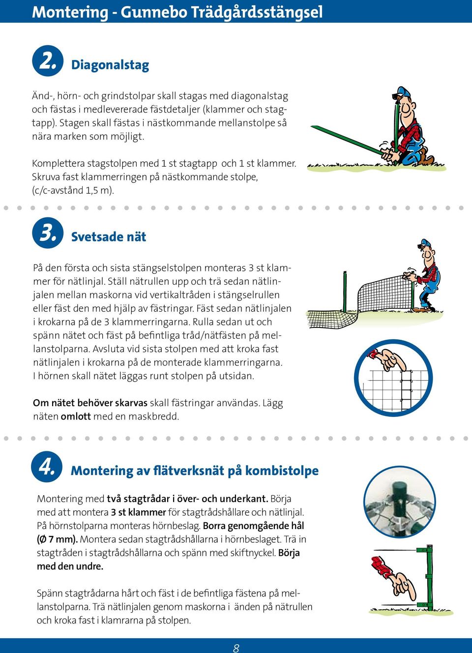 Skruva fast klammerringen på nästkommande stolpe, (c/c-avstånd 1, m). 3. Svetsade nät På den första och sista stängselstolpen monteras 3 st klammer för nätlinjal.
