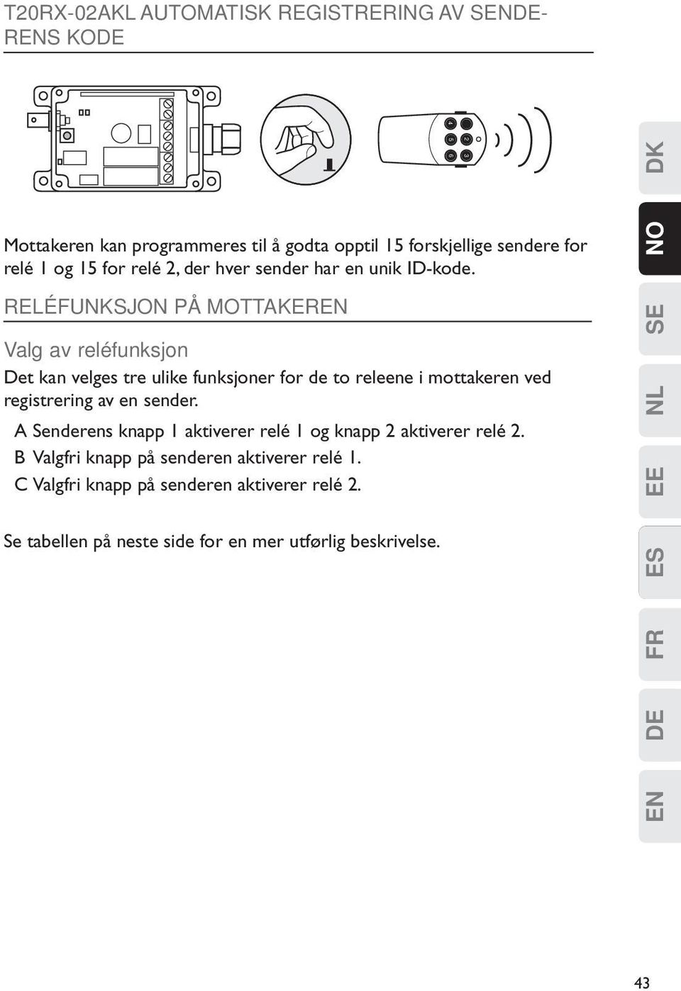 Reléfunksjon på mottakeren Valg av reléfunksjon Det kan velges tre ulike funksjoner for de to releene i mottakeren ved registrering av en