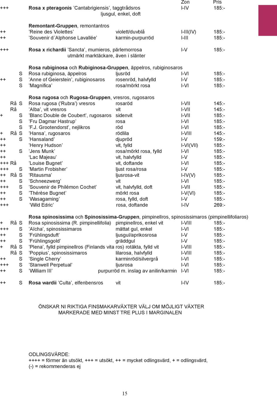rubiginosaros S Rosa rubiginosa, äppelros ljusröd I-VI 185:- ++ S Anne of Geierstein, rubiginosaros rosenröd, halvfylld I-V 185:- S Magni ca rosa/mörkt rosa I-VI 185:- Rosa rugosa och Rugosa-Gruppen,