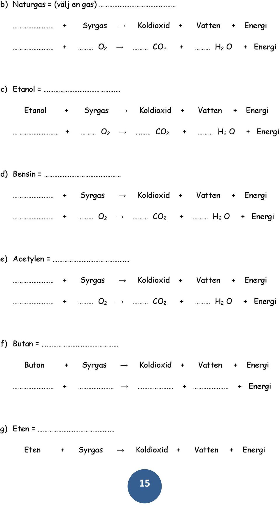 O 2 CO 2 + H 2 O + Energi e) Acetylen = + Syrgas Koldioxid + Vatten + Energi + O 2 CO 2 + H 2 O + Energi f) Butan