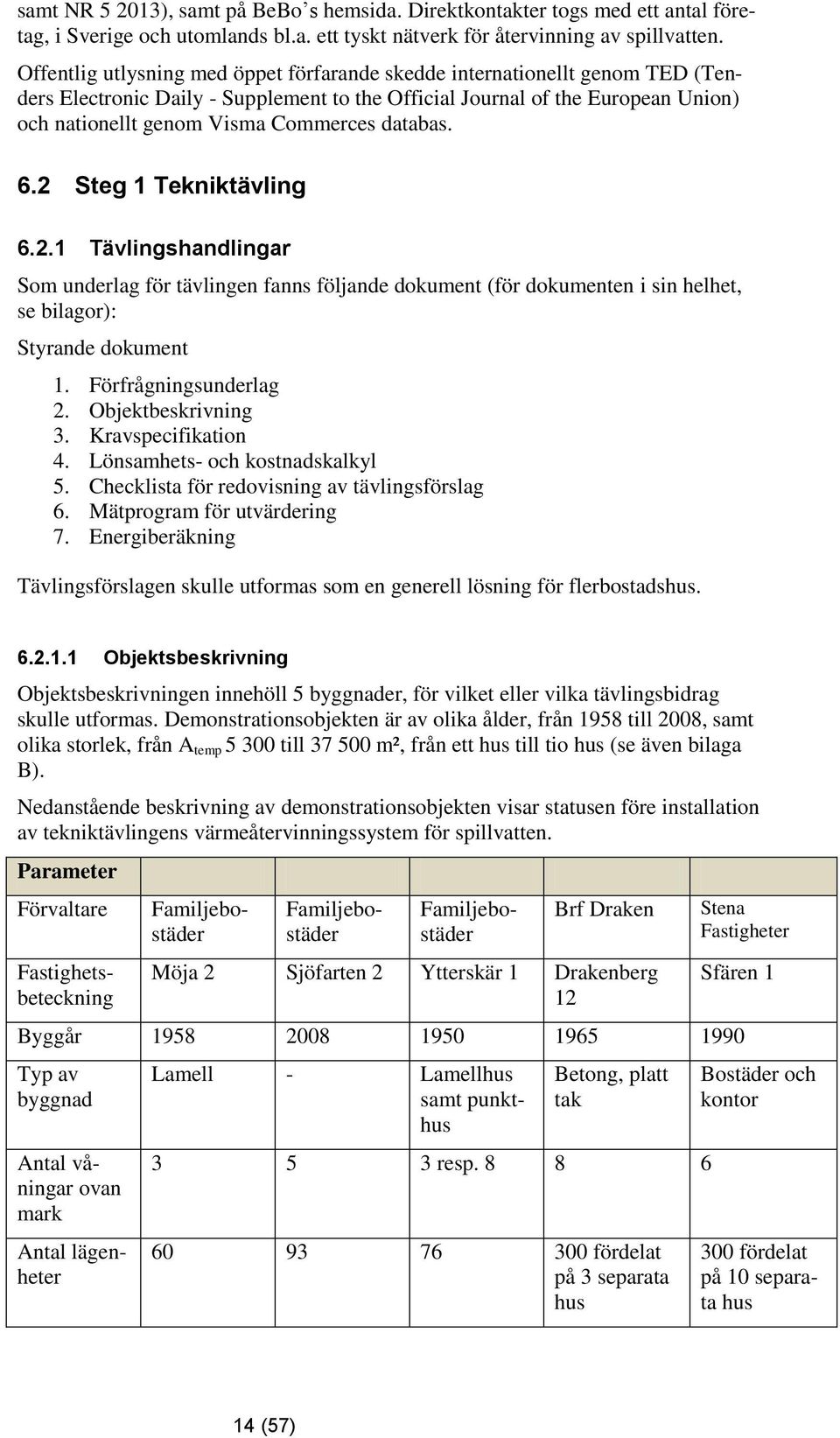 databas. 6.2 Steg 1 Tekniktävling 6.2.1 Tävlingshandlingar Som underlag för tävlingen fanns följande dokument (för dokumenten i sin helhet, se bilagor): Styrande dokument 1. Förfrågningsunderlag 2.